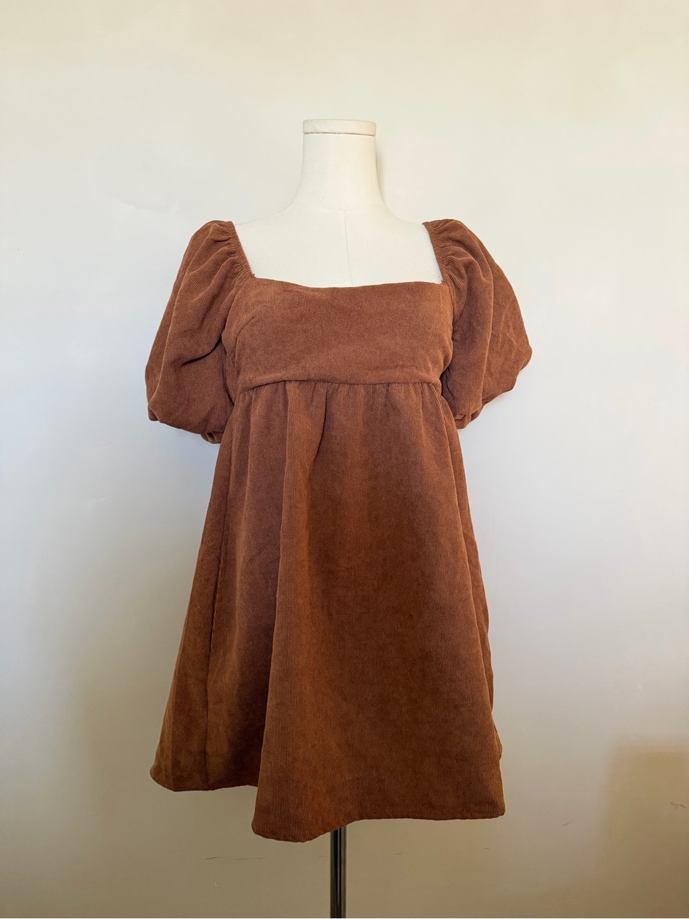 Brown Puff Sleeve Square Neck Mini Dress